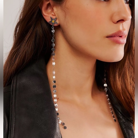 Free People Atlas Dangle Earrings Silver Tone Star Stud Earrings 8” Drop Disks - Picture 1 of 6